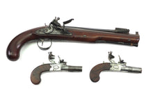 Load image into Gallery viewer, Flintlock Carriage Pistols by Ryan & Watson, Rare Cased Set of 3 Pistols. SN X3026