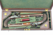 Load image into Gallery viewer, Flintlock Silver Mounted Duelling Pistols By Clarke & Son, Very Fine Cased Pair. SN 9087