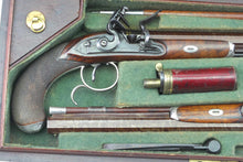 Load image into Gallery viewer, Flintlock Silver Mounted Duelling Pistols By Clarke & Son, Very Fine Cased Pair. SN 9087