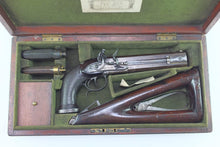 Load image into Gallery viewer, Over and Under Flintlock Officers Pistol with Shoulder Stock by Tatham and Egg inscribed to Brigadier Sir Denis Pack, cased, very rare. SN 8788