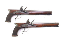 Load image into Gallery viewer, Flintlock Saw Handled Duelling Pistols by H.W. Mortimer & Son, very fine cased pair. SN 8964