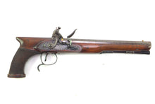 Load image into Gallery viewer, Flintlock Saw Handled Duelling Pistols by H.W. Mortimer & Son, very fine cased pair. SN 8964