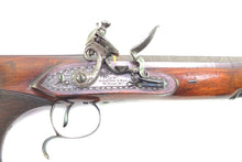 Load image into Gallery viewer, Flintlock Saw Handled Duelling Pistols by H.W. Mortimer & Son, very fine cased pair. SN 8964