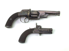 Load image into Gallery viewer, Percussion Pistols by J. Beattie comprising a transitional revolver in 100 bore and a turnover pistol in 54 bore. SN 8723