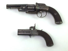 Load image into Gallery viewer, Percussion Pistols by J. Beattie comprising a transitional revolver in 100 bore and a turnover pistol in 54 bore. SN 8723