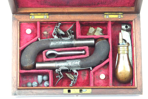 Flintlock Box-Lock Small Pocket Pistols by Samuel Henry Staudenmayer, London, Fine Cased Pair. SN 9095