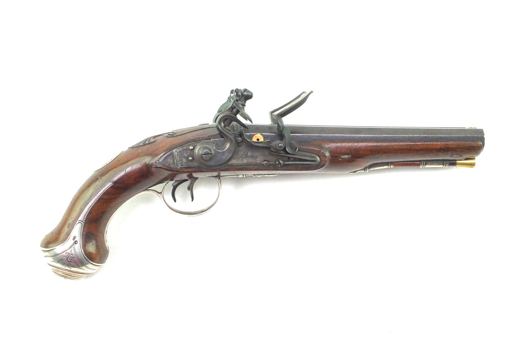 Flintlock Carriage Pistol by W. Paris, Silver Mounted Double Barreled. SN 9072