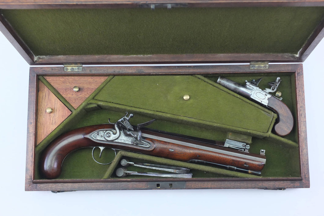 Flintlock Carriage Pistols by Ryan & Watson, Rare Cased Set of 3 Pistols. SN X3026