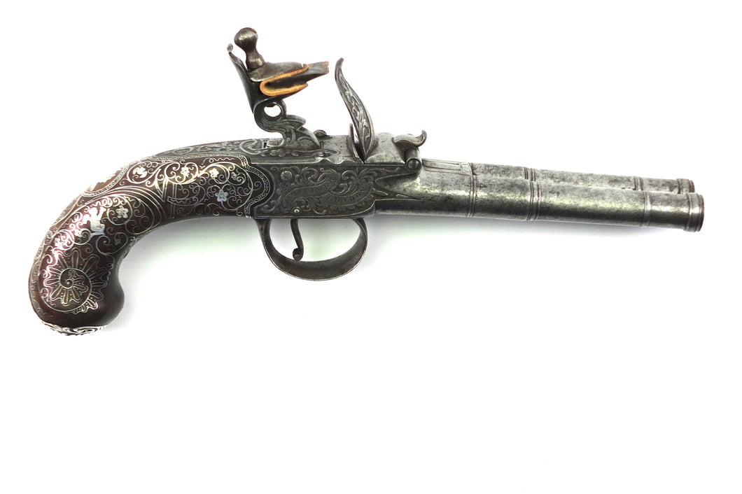 Flintlock Double Barrel Pistol by Mortimer, Rare. SN 9155