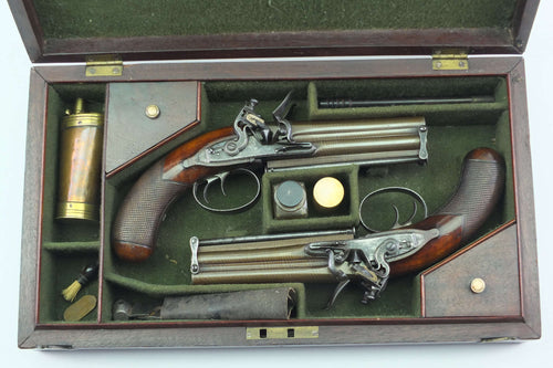 Over and Under Flintlock Pistols by Staudenmayer London, very fine cased pair. SN X3024