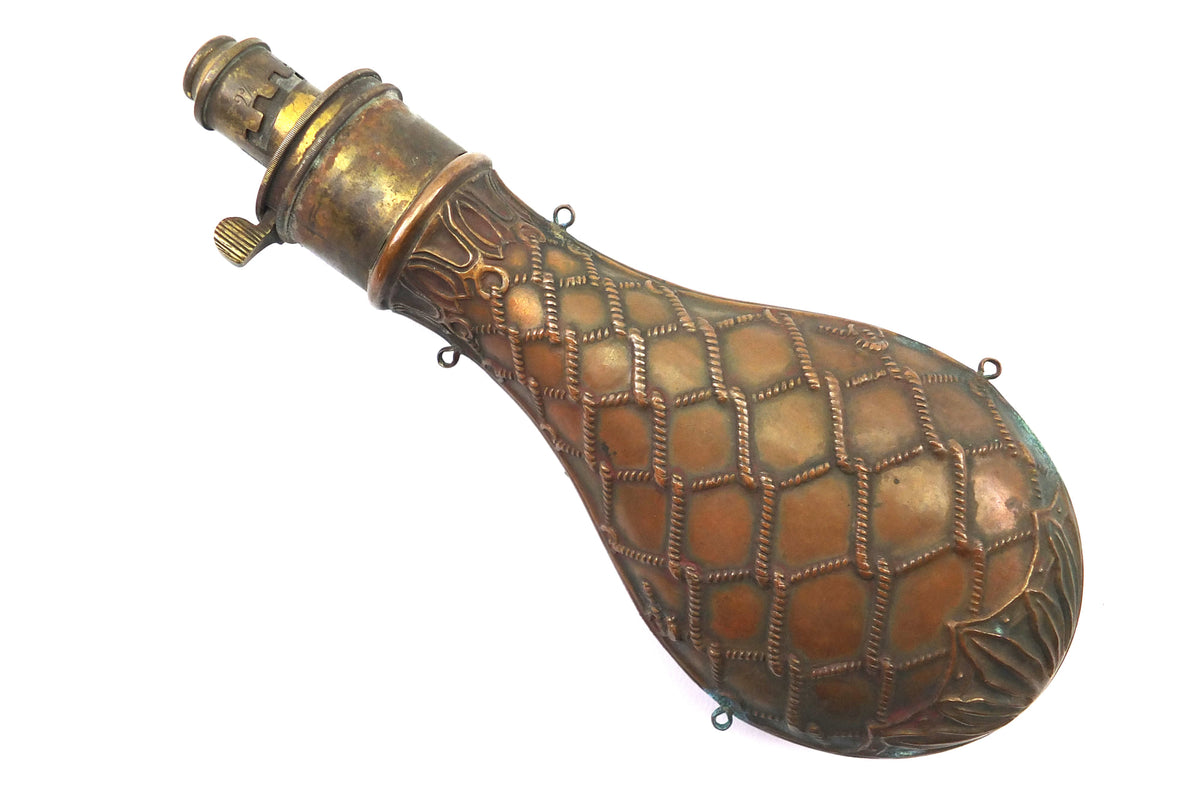 Sporting Gun Powder Flask by Sykes. Ref X3300 – West Street Antiques