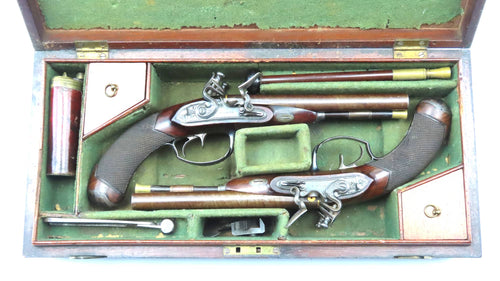 Double Barrelled Percussion Carriage Pistols by Wilkes, Very Fine Cased Pair. Ref X3309