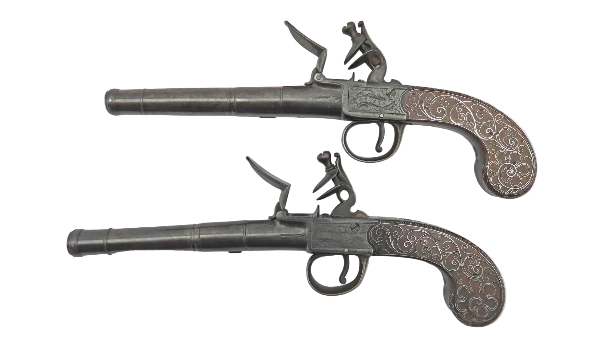 Queen Anne Flintlock Box Lock Travelling Pistols by I Collis