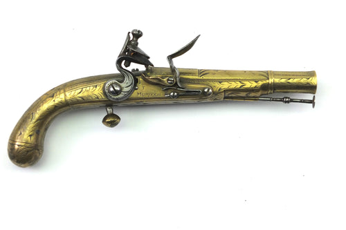 Small Scottish Brass Lobe Flintlock Butt Pistol by T. Murdoch of Doune. Ref X3277