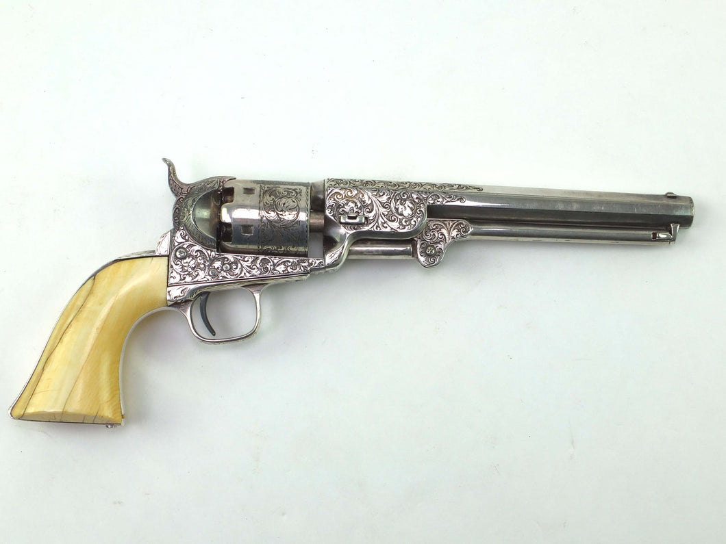 Gustave Young Engraved Fourth Model 1851 Navy Colt Percussion Nickel & Silver Plated Revolver. SN 8717