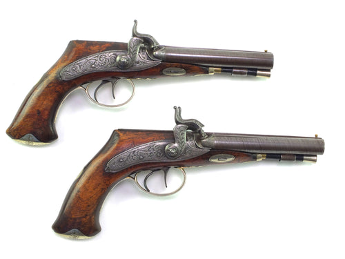 Rifled Irish Saw Handled Double Barrelled Percussion Pistols by Mara of Limerick. SN 8664
