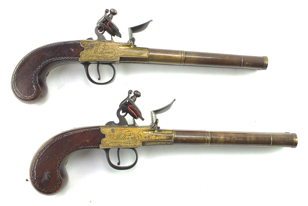 Double Barrel Gilt Bronze Flintlock Pistols by Abel Williams, very rare and fine pair. SN 8921