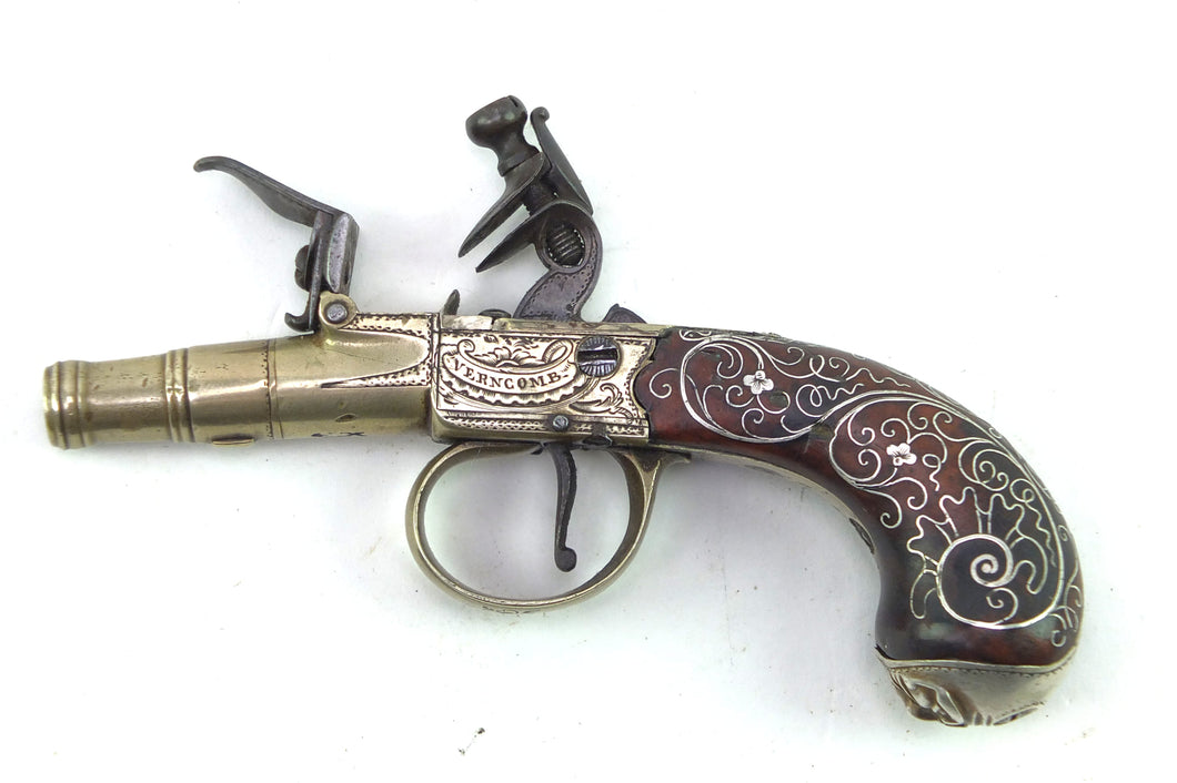 Flintlock Paktong Muff Pistol by Hugh Verncomb of Bristol. SN 8940