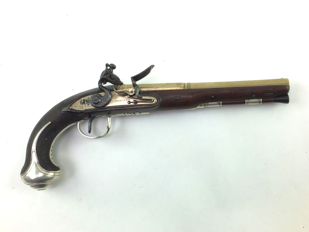 Silver Mounted Flintlock Officers Pistol by H.W. Mortimer. SN 8682