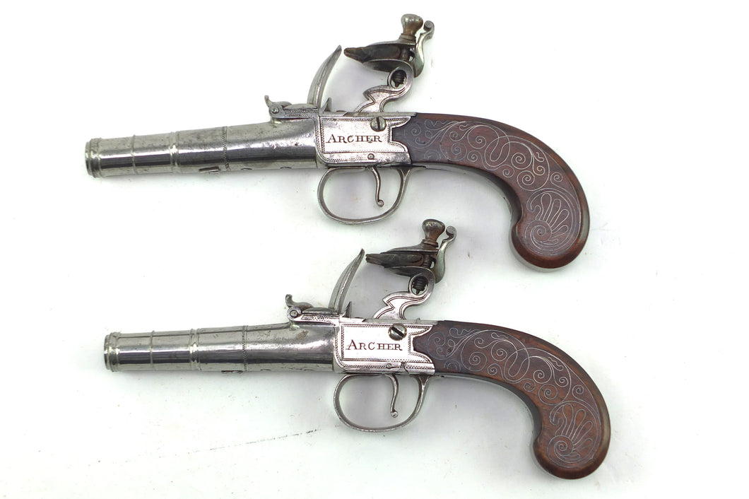 Flintlock Pocket Pistols by Archer, very crisp pair. SN 8939