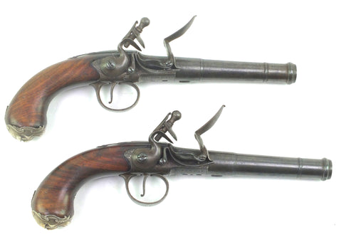 Flintlock Queen Anne Cannon Barrel Holster Pistols by James Barbar, fine pair. SN 9042