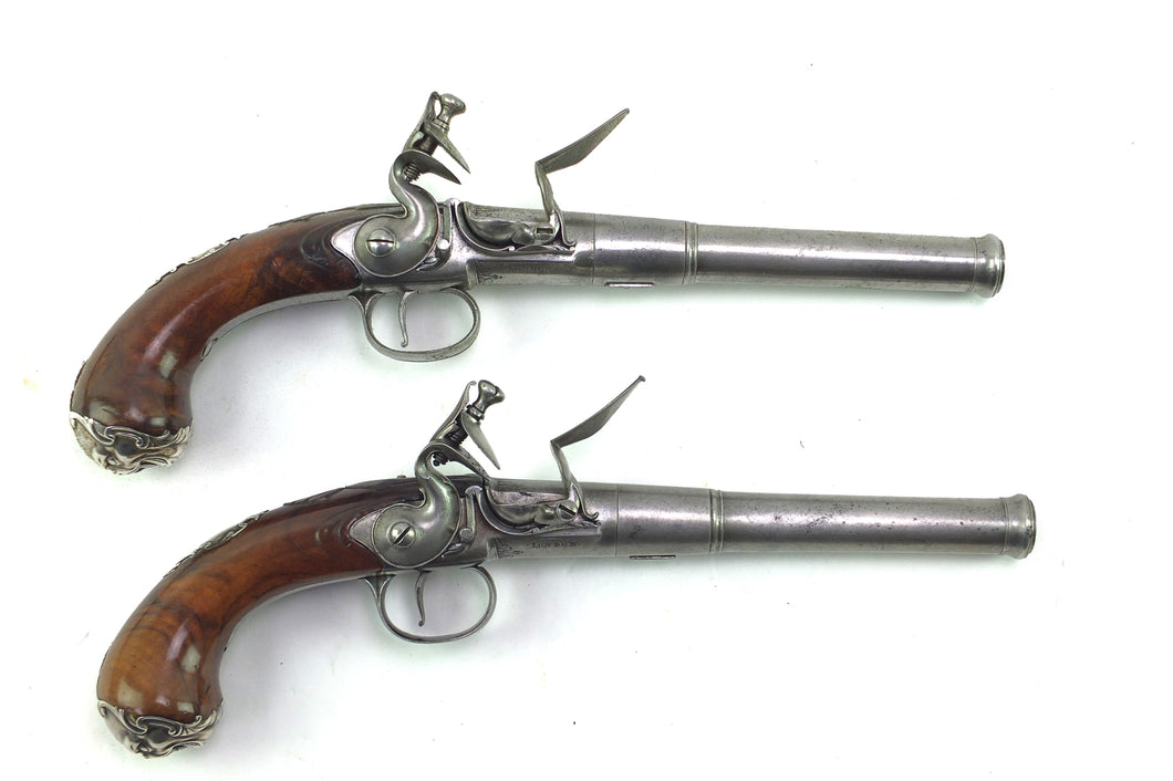 Flintlock Queen Anne Cannon Barrel Holster Pistols, fine pair. SN 8915
