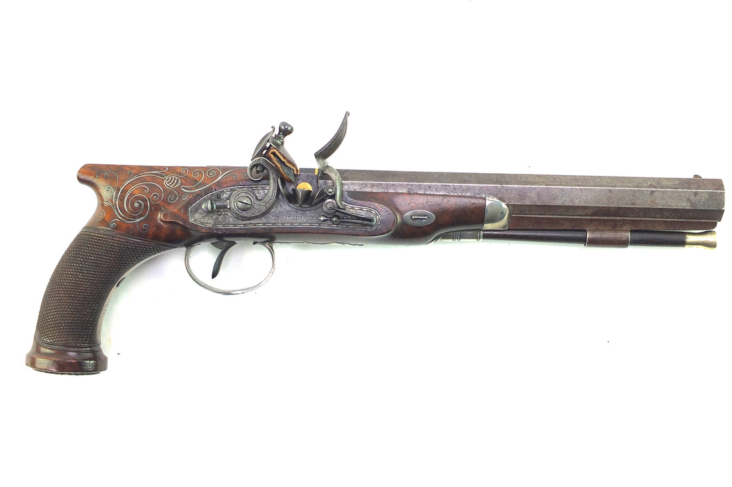 Flintlock Saw Handle Duelling Pistol by T. Duddell, fine, silver mounted. SN 8917