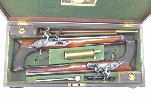 Flintlock Saw Handled Duelling Pistols by H.W. Mortimer & Son, very fine cased pair. SN 8964