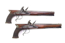 Load image into Gallery viewer, Flintlock Saw Handled Duelling Pistols by H.W. Mortimer &amp; Son, very fine cased pair. SN 8964
