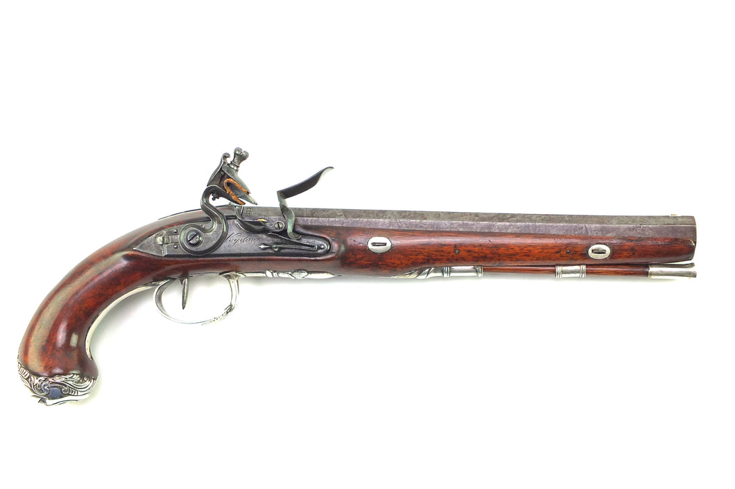 Flintlock Transitional Duelling pistol by Wogdon, Silver Mounted, very rare. SN 8829