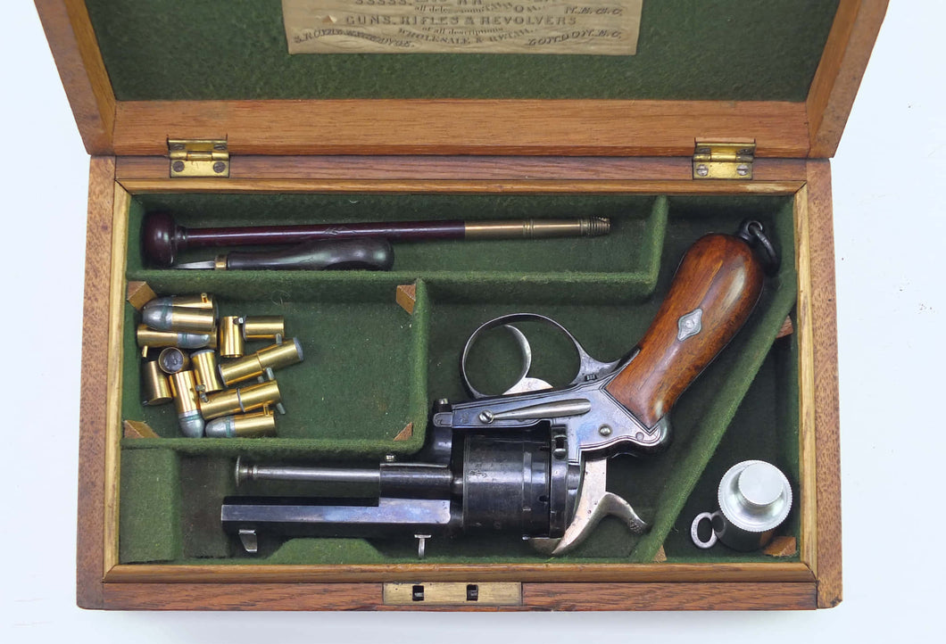 Lefaucheux Pinfire 9mm Revolver Retailed by J. H. Crane, mint, cased. SN 8838