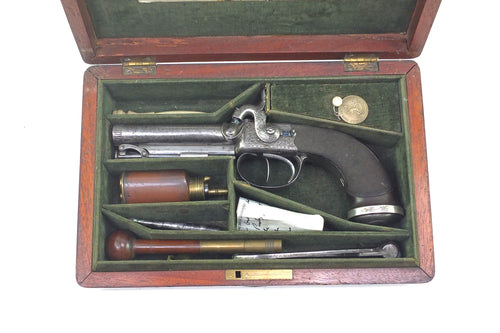 Percussion Double Barrelled Box Lock Travelling Pistol, 52 Bore, Cased. SN 910