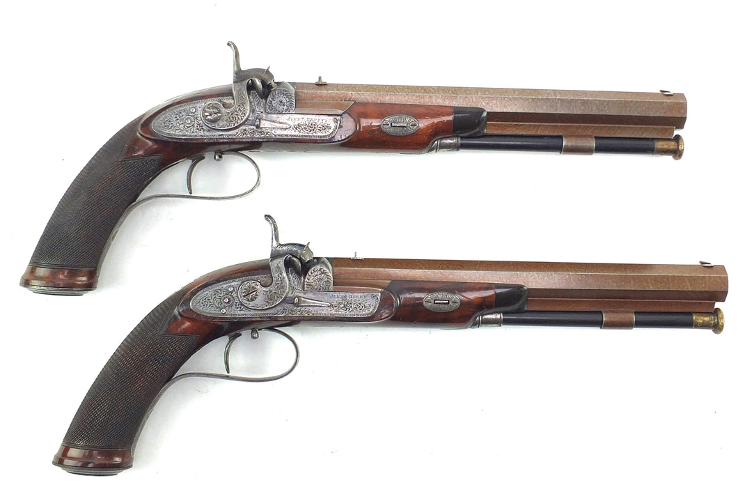 Percussion Rifled Target Pistols by Alex Henry, Purdy Style, Fine Cased Pair. SN 8928
