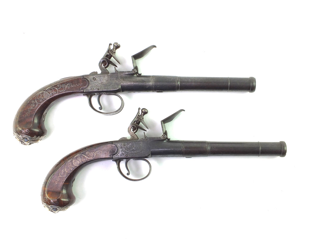 Rifled Pair of Queen Anne Boxlock Cannon Barrel Holster Pistols by T Richards. SN 8640