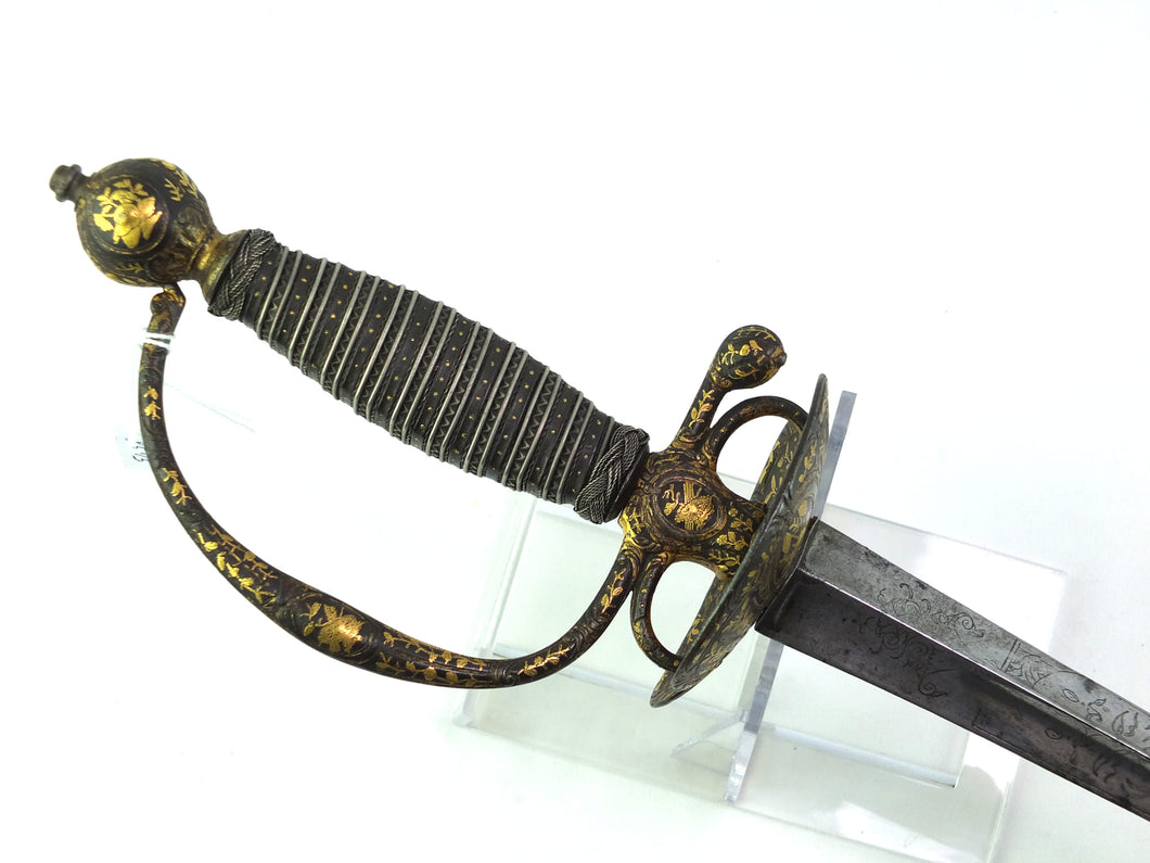 French Chiselled Iron Hilt With Gold Inlay Small Sword. SN 8575